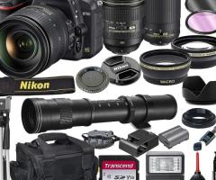 Nikon D5200 DSLR with LCD display and accessories.