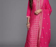 Libas Pink Woven Design Silk Blend Straight Kurta With Palazzos